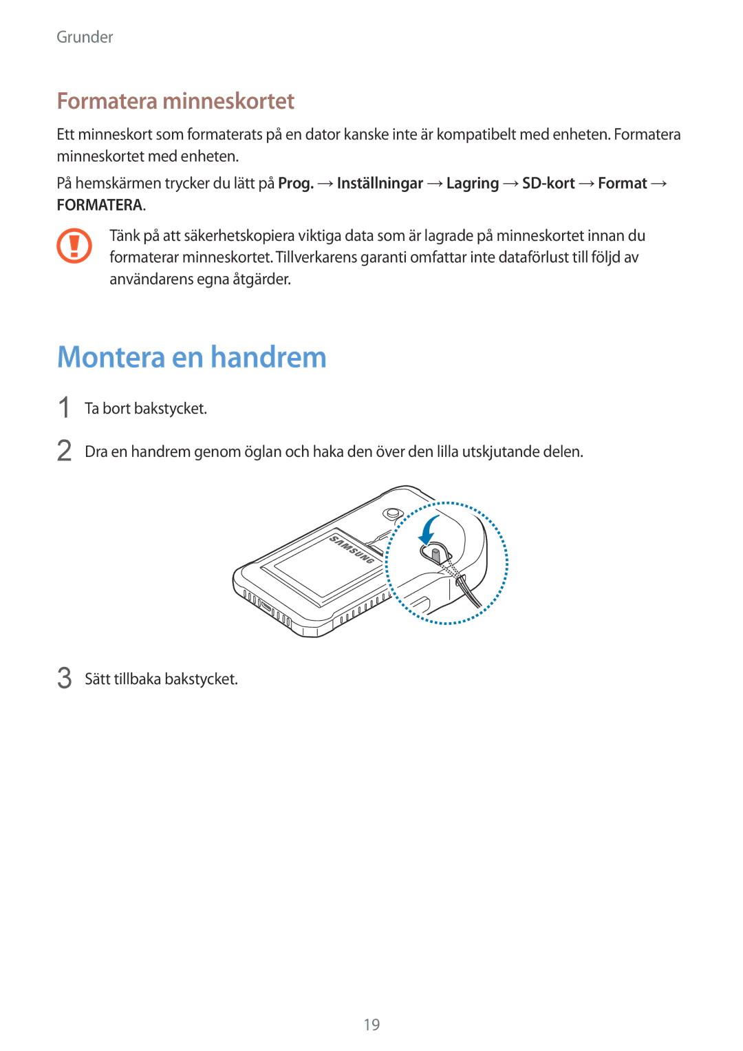 Samsung SM-G389FDSANEE manual Montera en handrem, Formatera minneskortet 