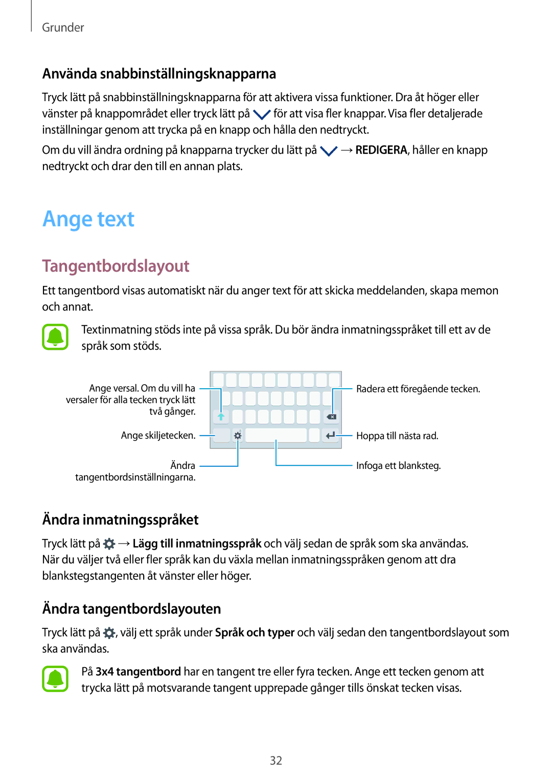 Samsung SM-G389FDSANEE manual Ange text, Tangentbordslayout, Använda snabbinställningsknapparna, Ändra inmatningsspråket 