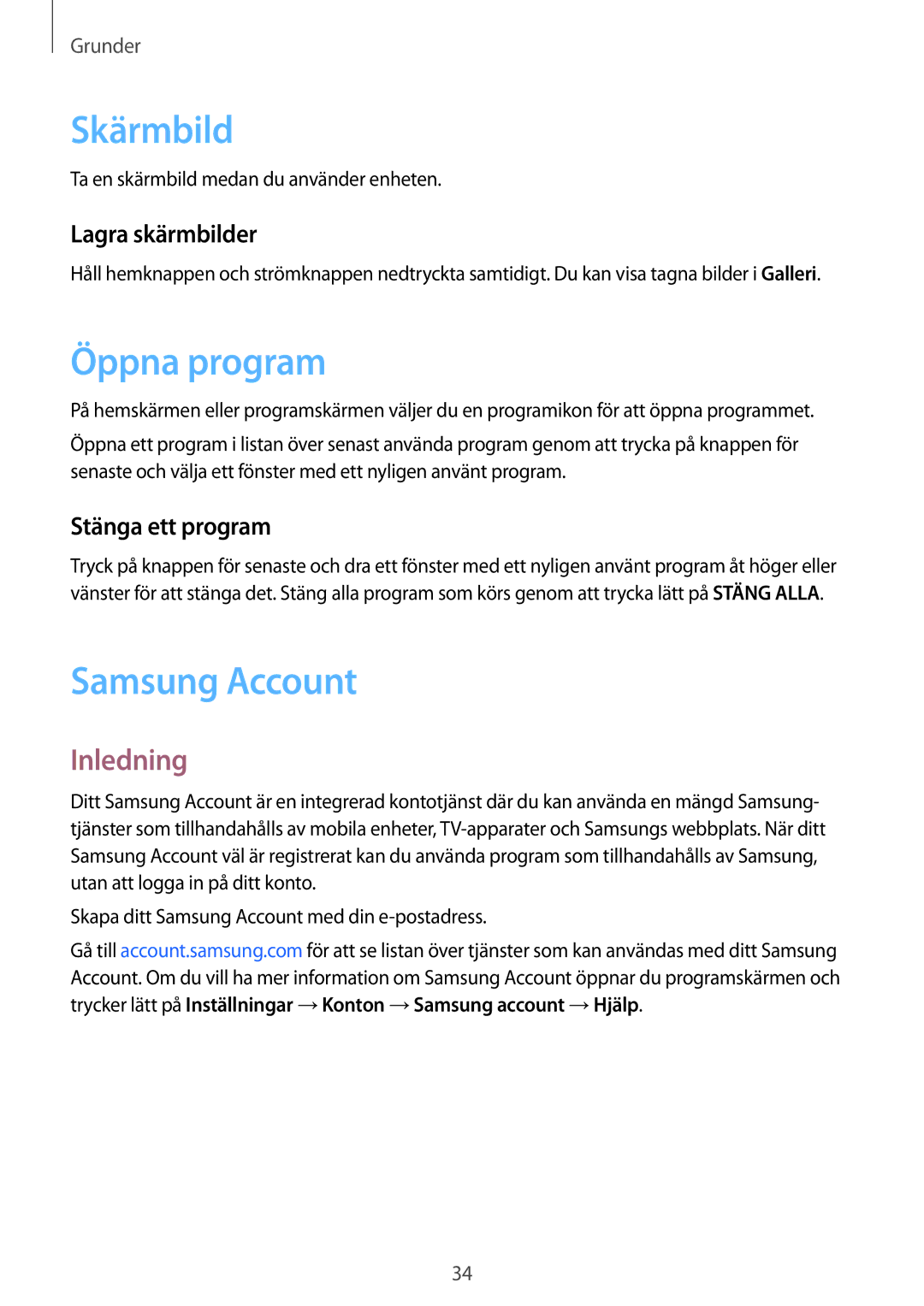 Samsung SM-G389FDSANEE manual Skärmbild, Öppna program, Samsung Account, Inledning 