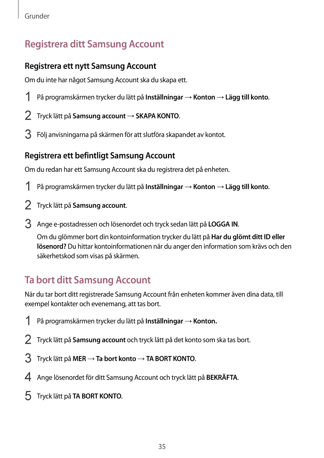 Samsung SM-G389FDSANEE Registrera ditt Samsung Account, Ta bort ditt Samsung Account, Registrera ett nytt Samsung Account 