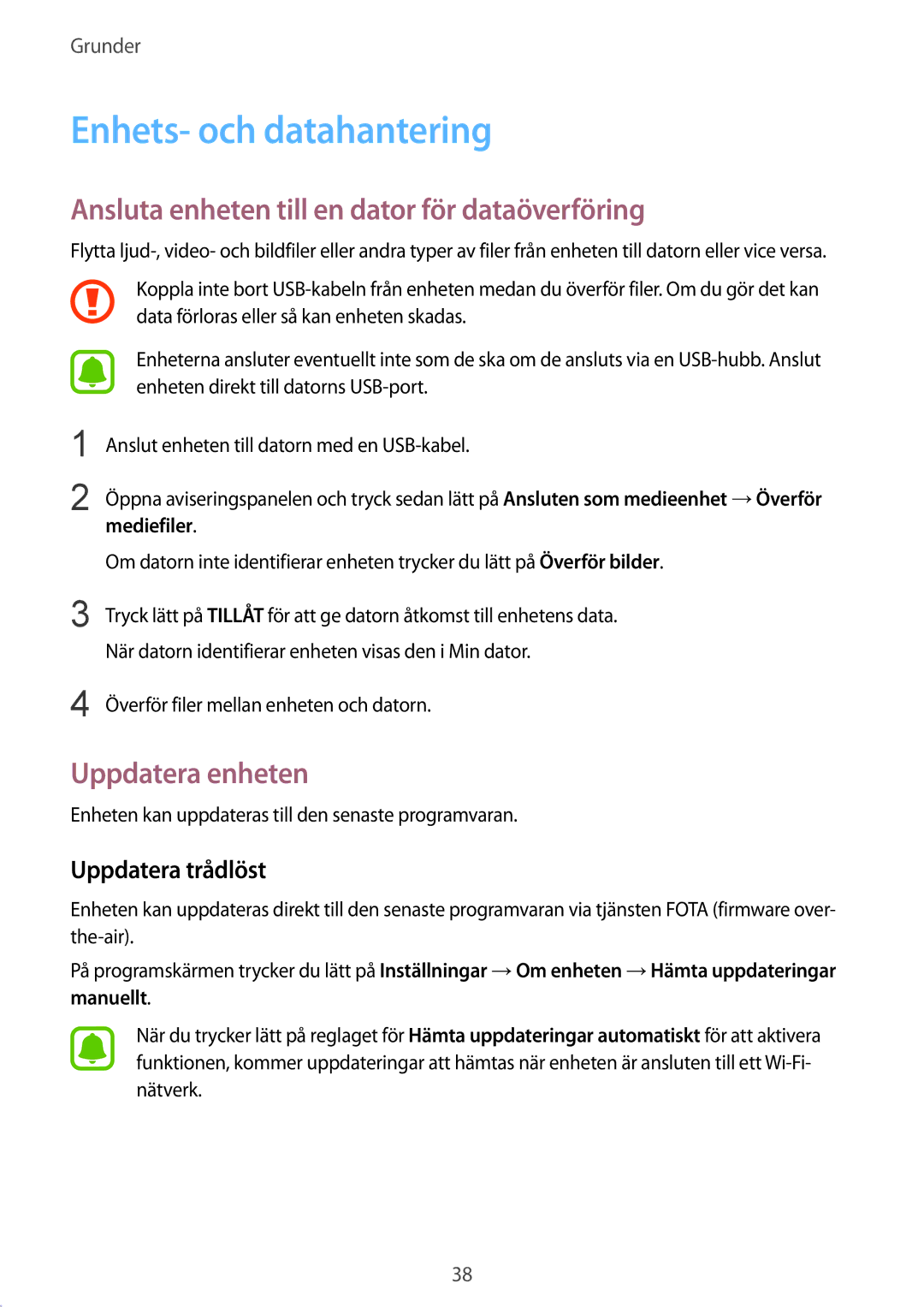 Samsung SM-G389FDSANEE Enhets- och datahantering, Ansluta enheten till en dator för dataöverföring, Uppdatera enheten 