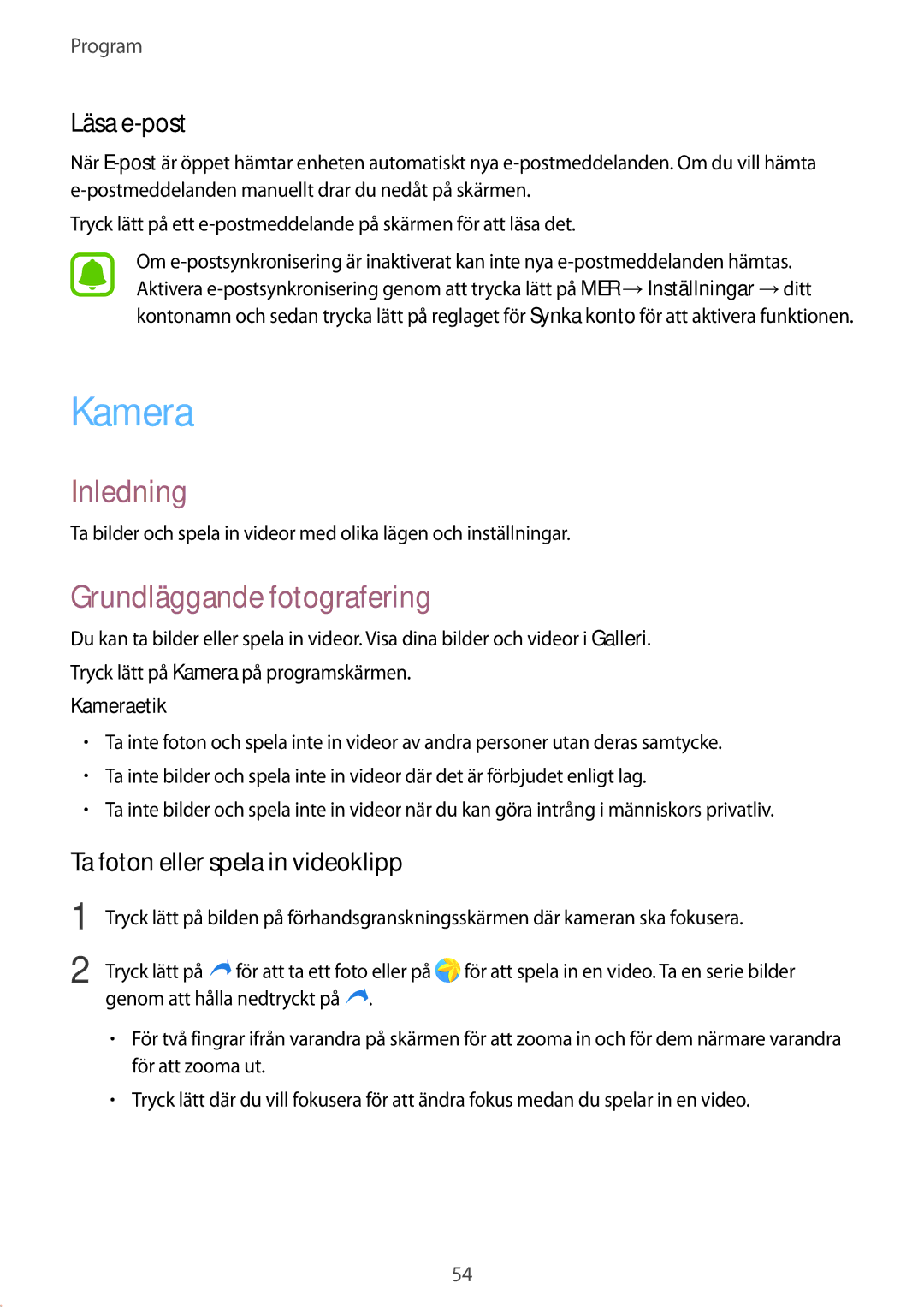 Samsung SM-G389FDSANEE manual Kamera, Grundläggande fotografering, Läsa e-post, Ta foton eller spela in videoklipp 