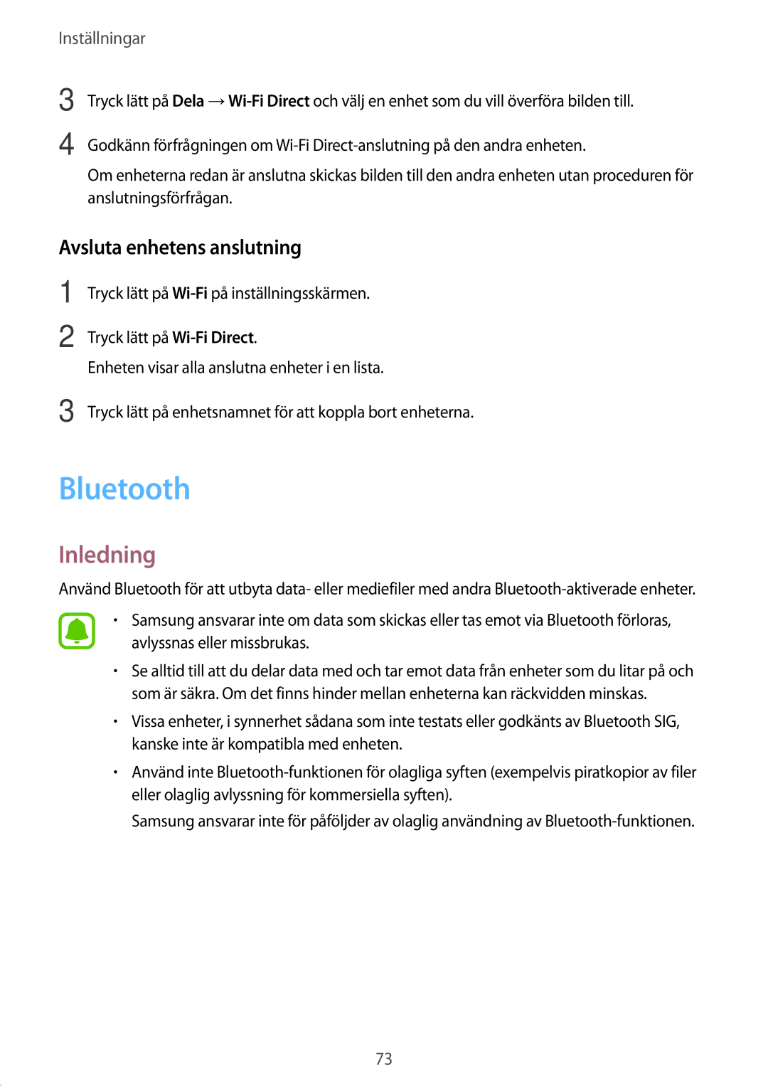 Samsung SM-G389FDSANEE manual Bluetooth, Avsluta enhetens anslutning 