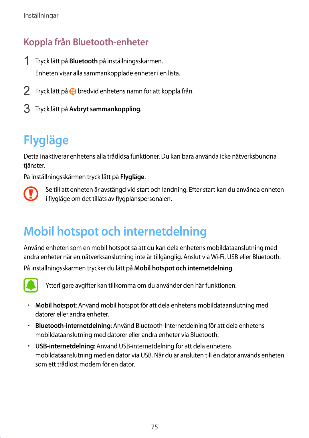 Samsung SM-G389FDSANEE manual Flygläge, Mobil hotspot och internetdelning, Koppla från Bluetooth-enheter 