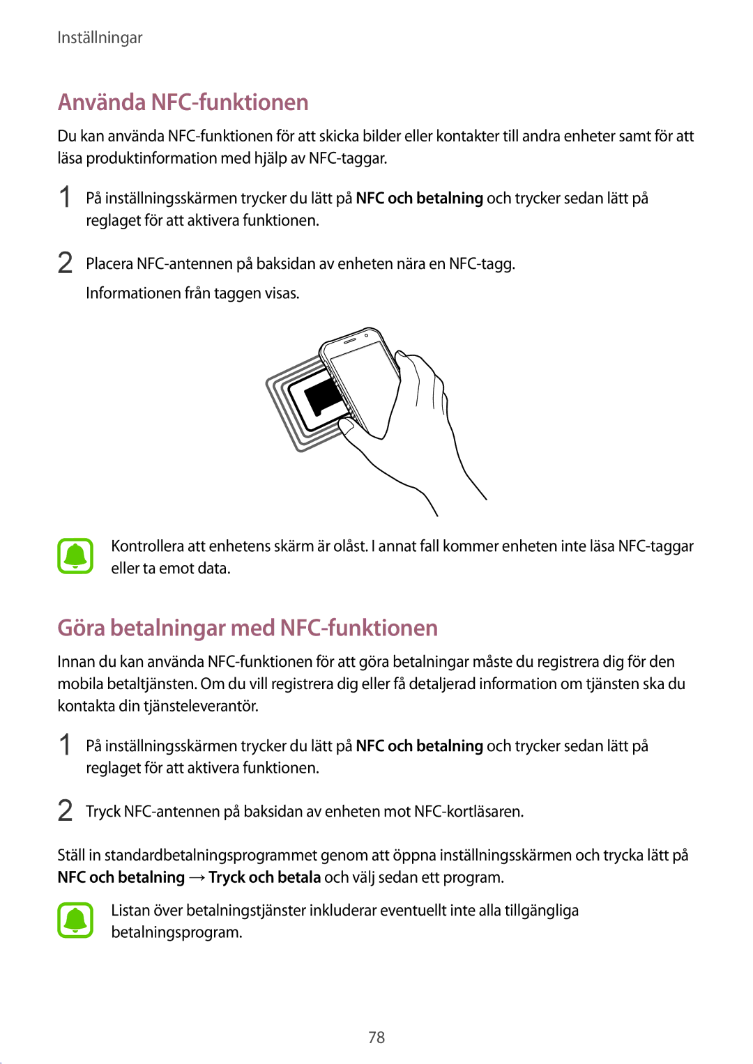 Samsung SM-G389FDSANEE manual Använda NFC-funktionen, Göra betalningar med NFC-funktionen 