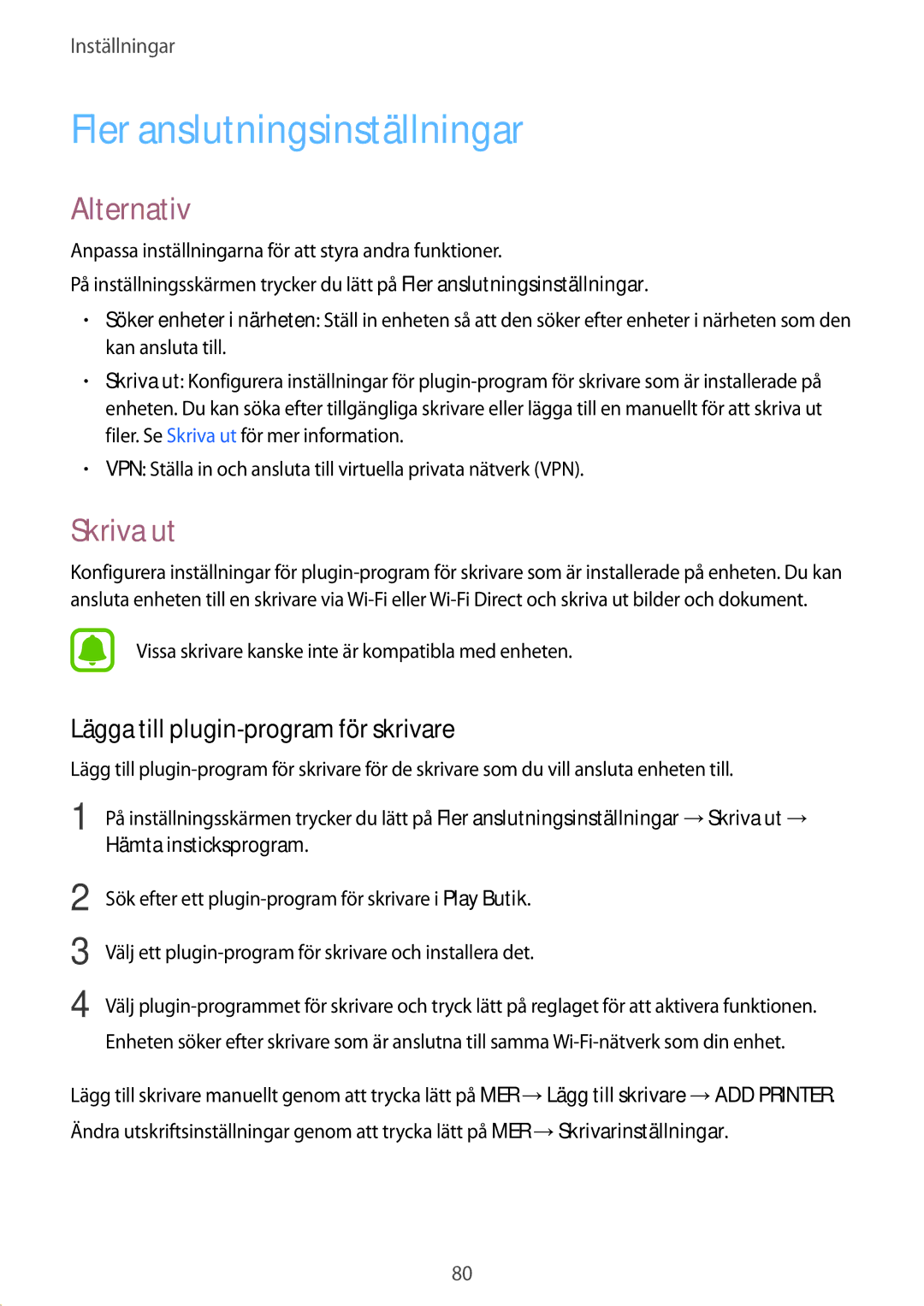 Samsung SM-G389FDSANEE manual Fler anslutningsinställningar, Alternativ, Skriva ut, Lägga till plugin-program för skrivare 