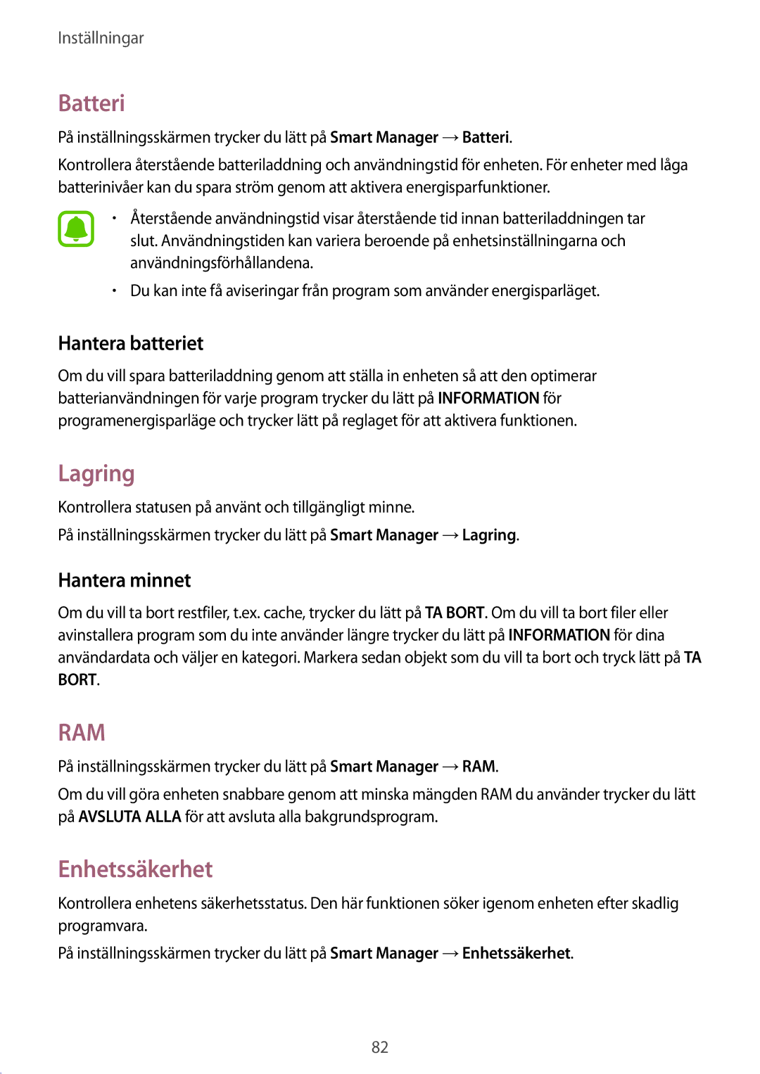 Samsung SM-G389FDSANEE manual Batteri, Lagring, Enhetssäkerhet, Hantera batteriet, Hantera minnet 