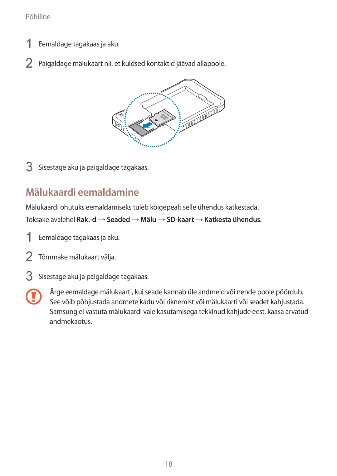 Samsung SM-G389FDSASEB manual Mälukaardi eemaldamine 