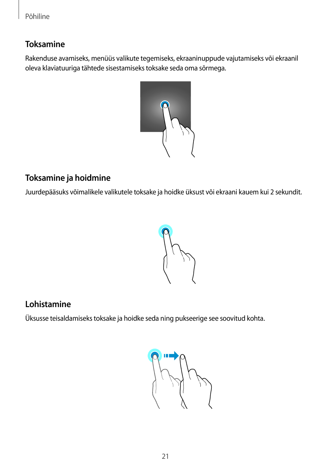 Samsung SM-G389FDSASEB manual Toksamine ja hoidmine, Lohistamine 