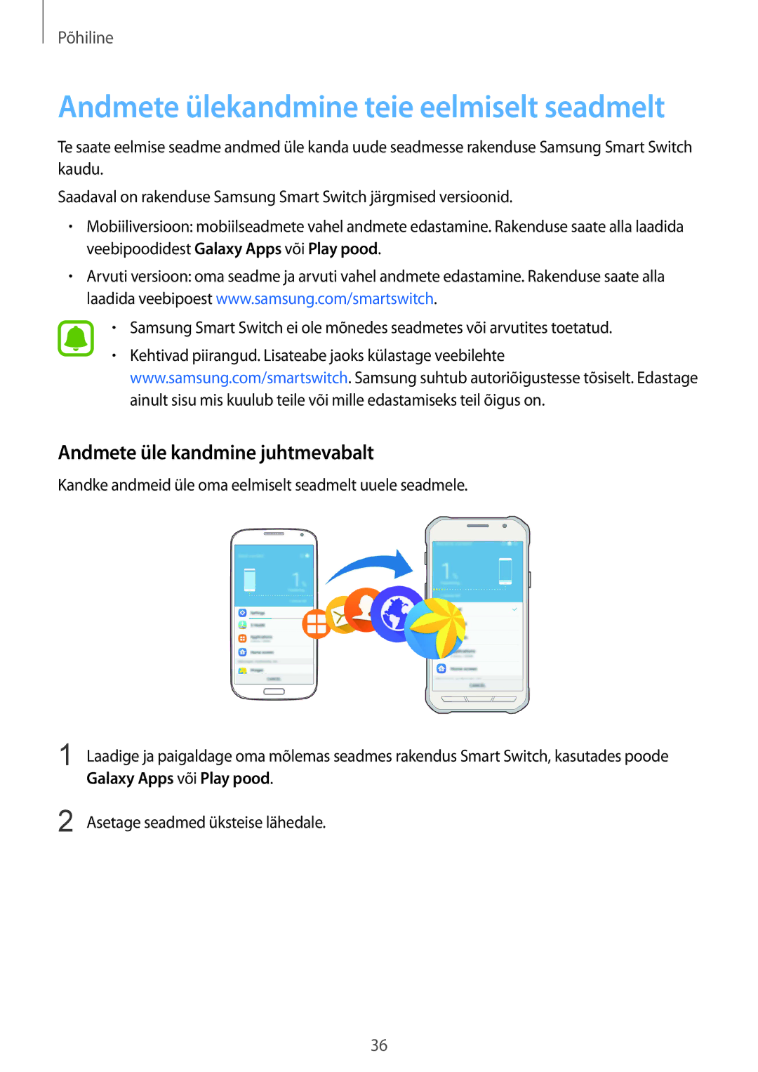 Samsung SM-G389FDSASEB manual Andmete ülekandmine teie eelmiselt seadmelt, Andmete üle kandmine juhtmevabalt 