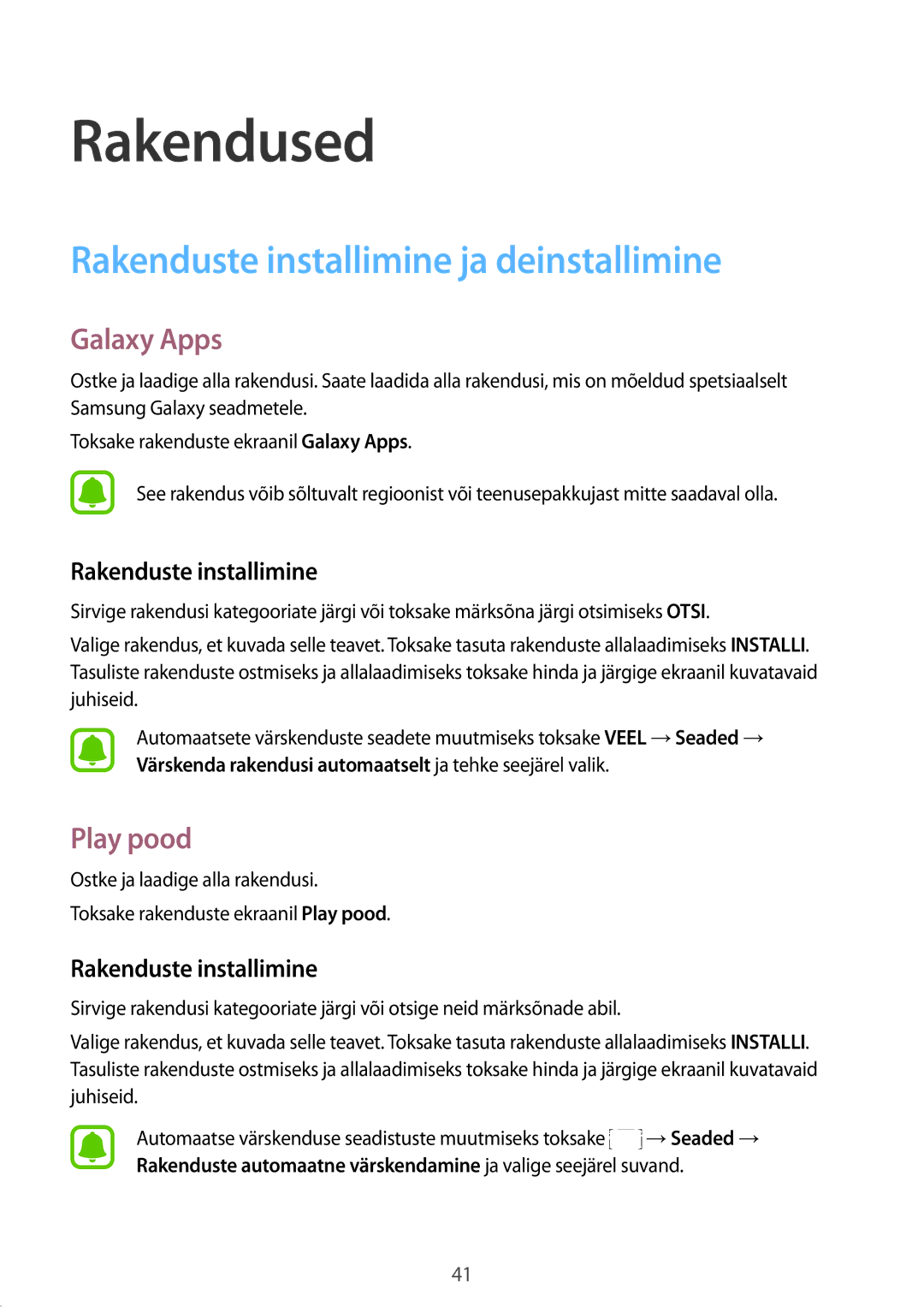 Samsung SM-G389FDSASEB manual Rakenduste installimine ja deinstallimine, Galaxy Apps, Play pood 