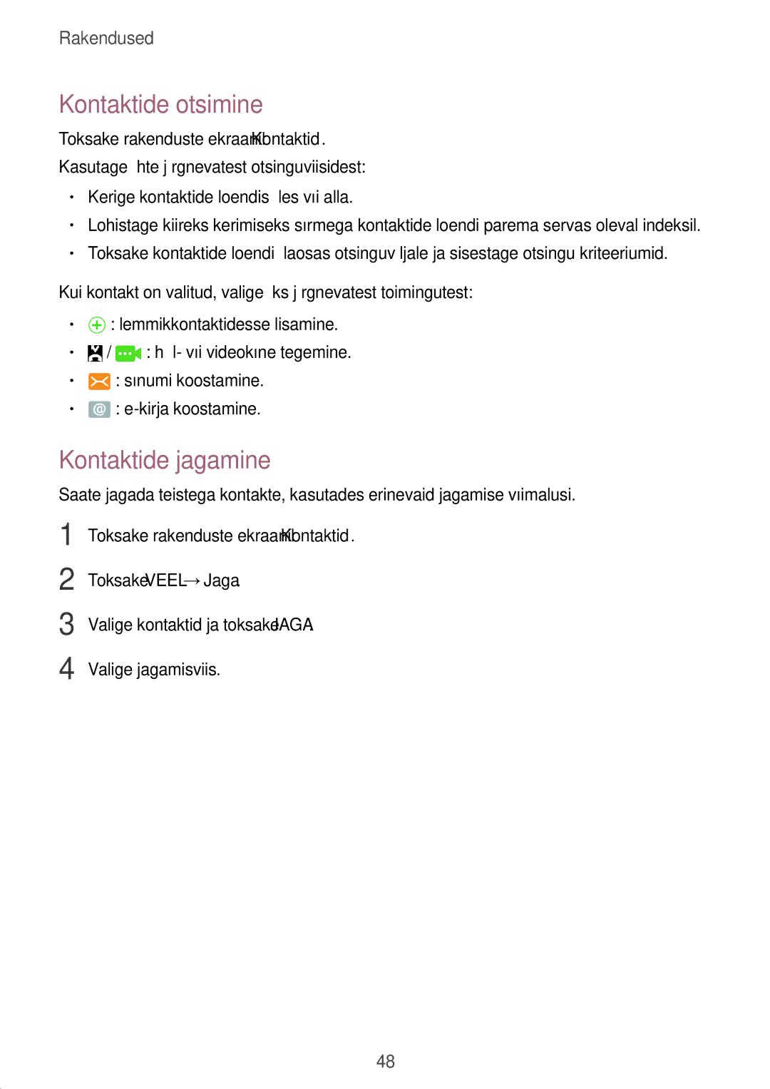 Samsung SM-G389FDSASEB manual Kontaktide otsimine, Kontaktide jagamine 