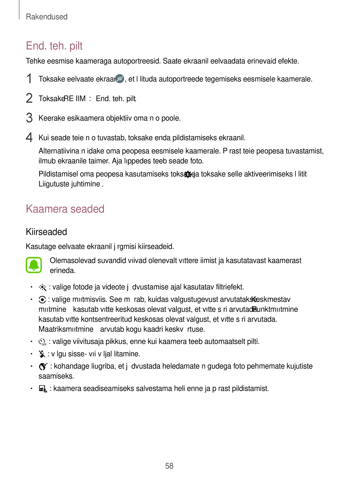 Samsung SM-G389FDSASEB manual End. teh. pilt, Kaamera seaded, Kiirseaded 