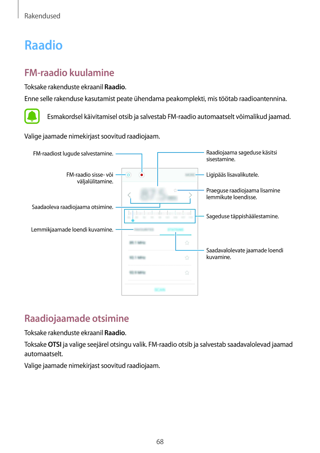 Samsung SM-G389FDSASEB manual FM-raadio kuulamine, Raadiojaamade otsimine 