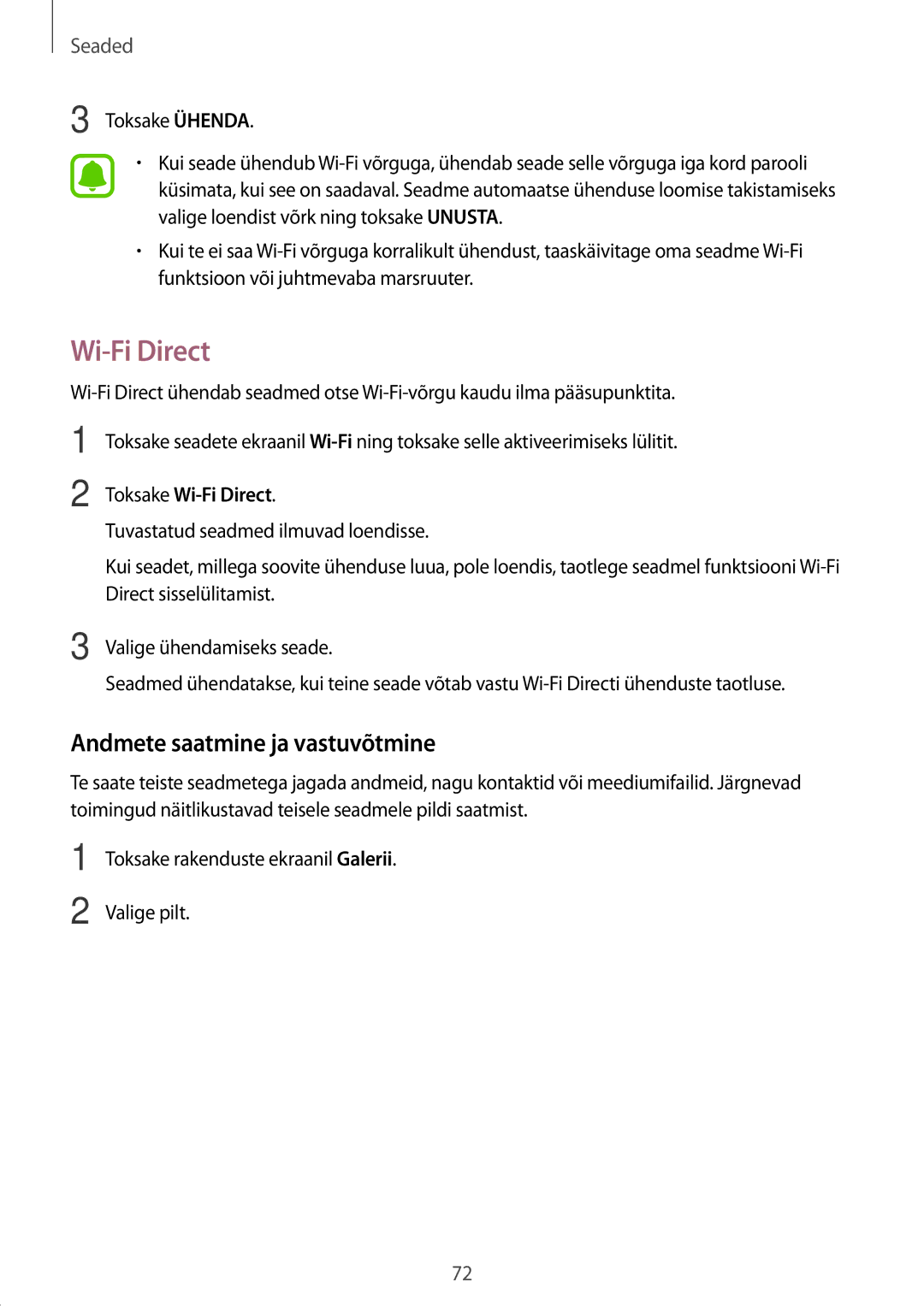 Samsung SM-G389FDSASEB manual Wi-Fi Direct, Andmete saatmine ja vastuvõtmine 