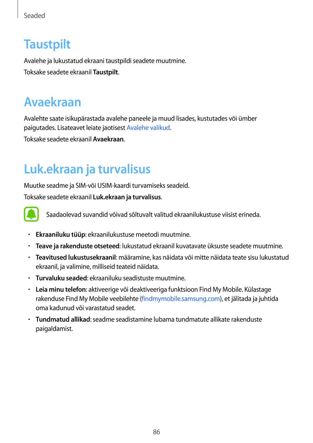 Samsung SM-G389FDSASEB manual Taustpilt, Avaekraan, Luk.ekraan ja turvalisus 