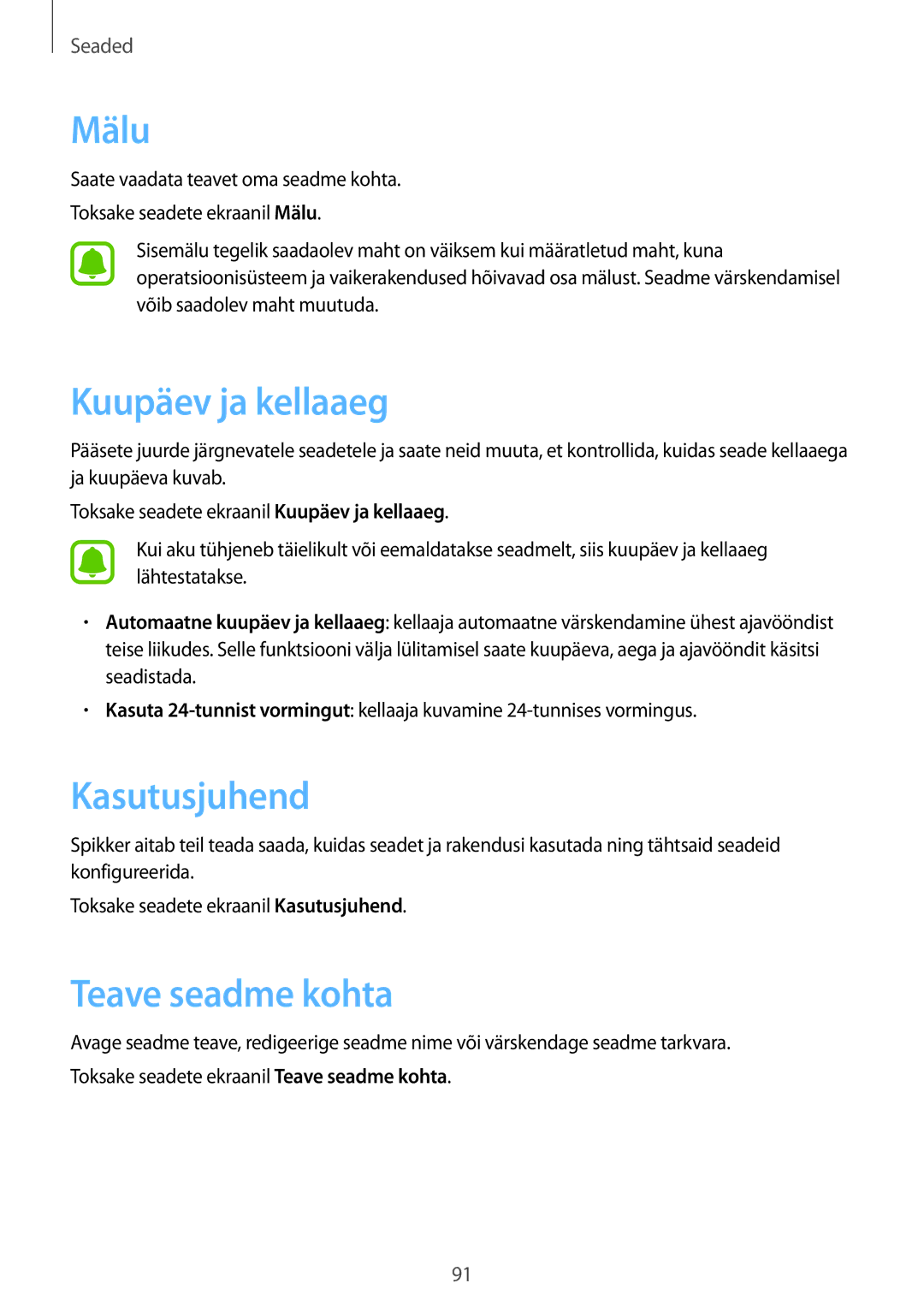 Samsung SM-G389FDSASEB manual Mälu, Kuupäev ja kellaaeg, Kasutusjuhend, Teave seadme kohta 