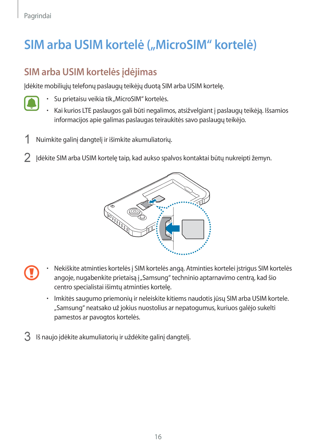 Samsung SM-G389FDSASEB manual SIM arba Usim kortelė „MicroSIM kortelė, SIM arba Usim kortelės įdėjimas 