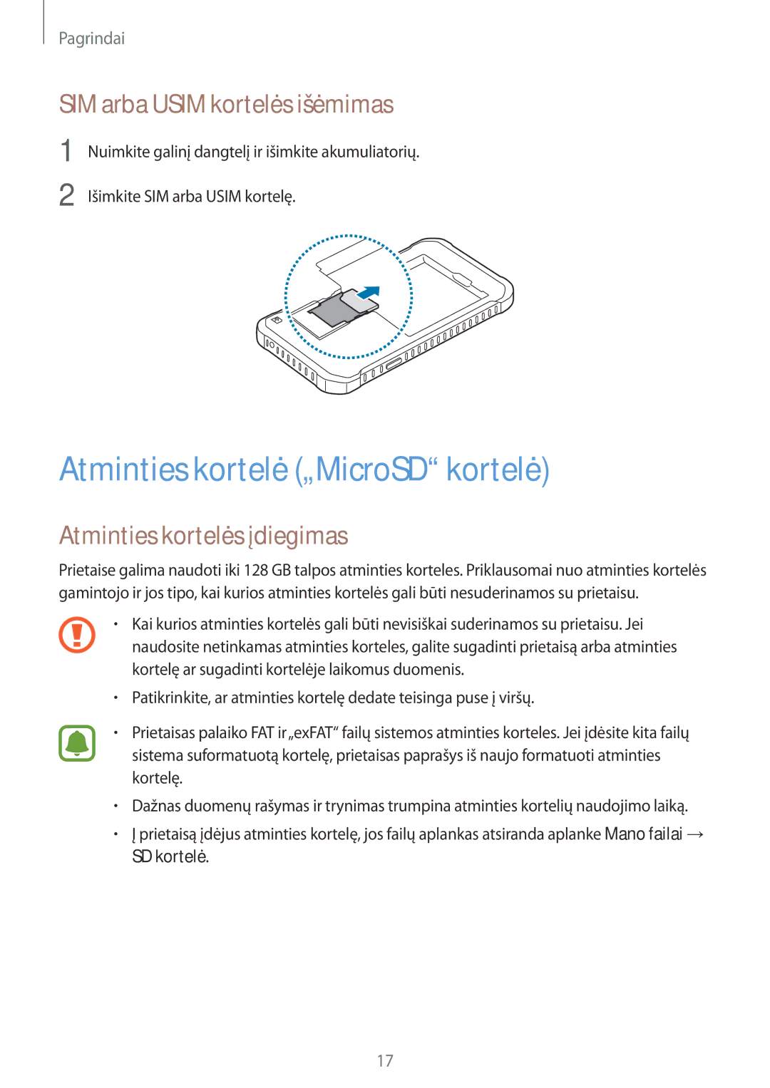 Samsung SM-G389FDSASEB Atminties kortelė „MicroSD kortelė, SIM arba Usim kortelės išėmimas, Atminties kortelės įdiegimas 