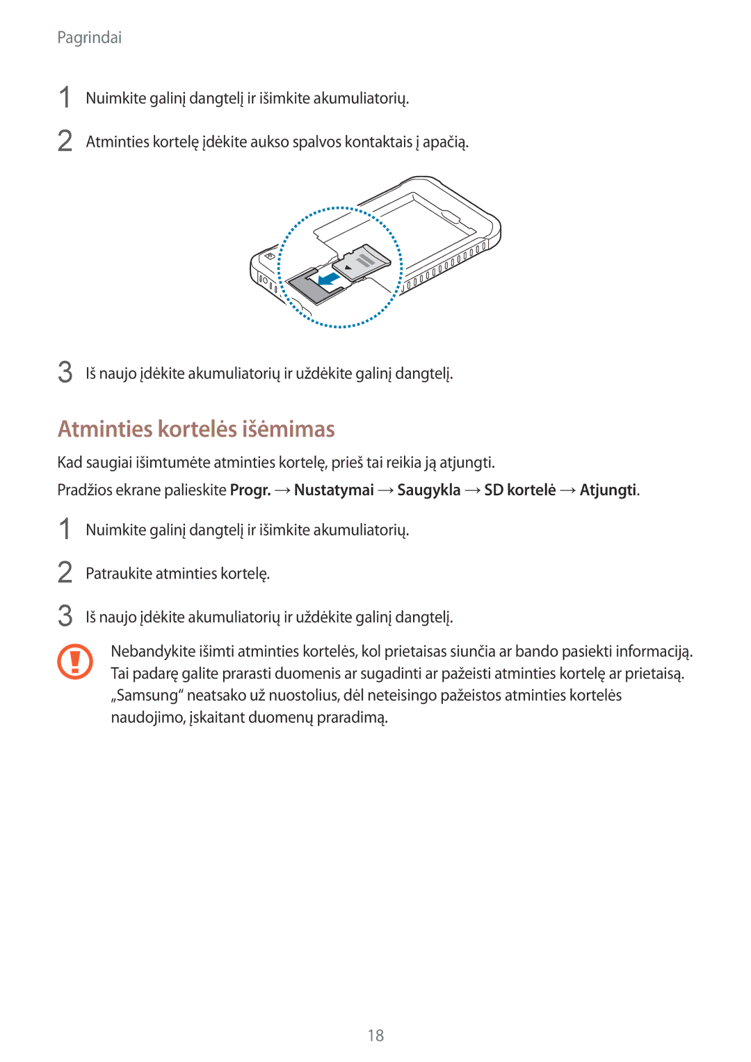 Samsung SM-G389FDSASEB manual Atminties kortelės išėmimas 