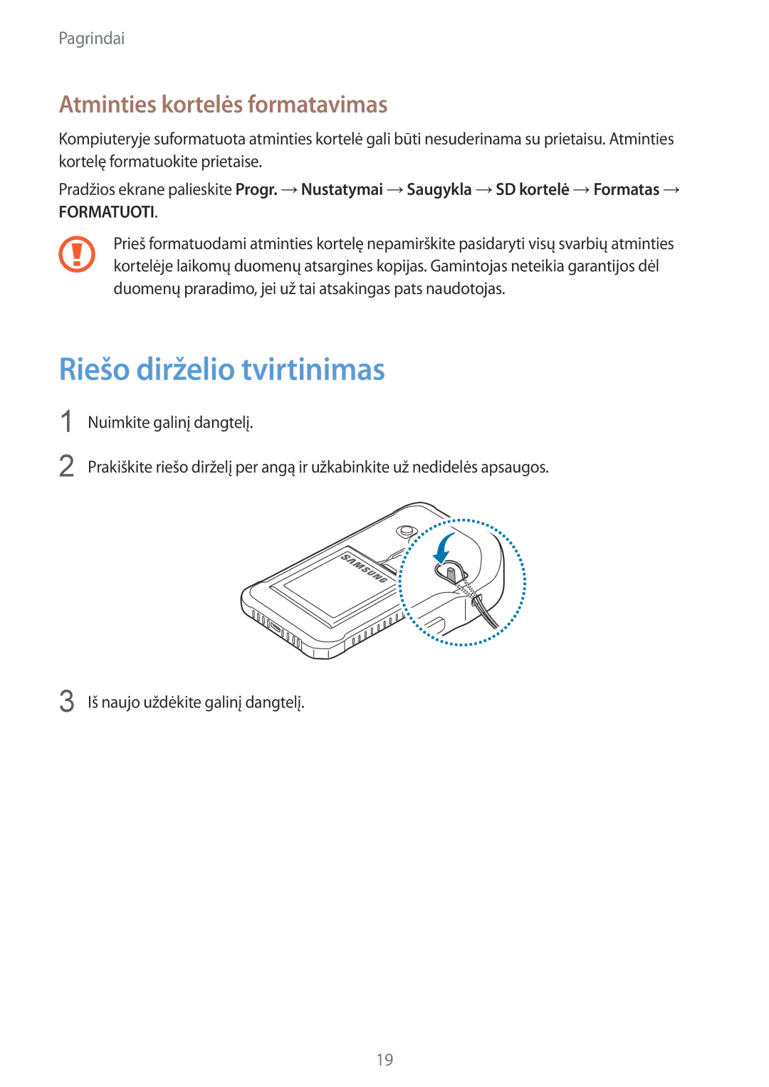 Samsung SM-G389FDSASEB manual Riešo dirželio tvirtinimas, Atminties kortelės formatavimas 