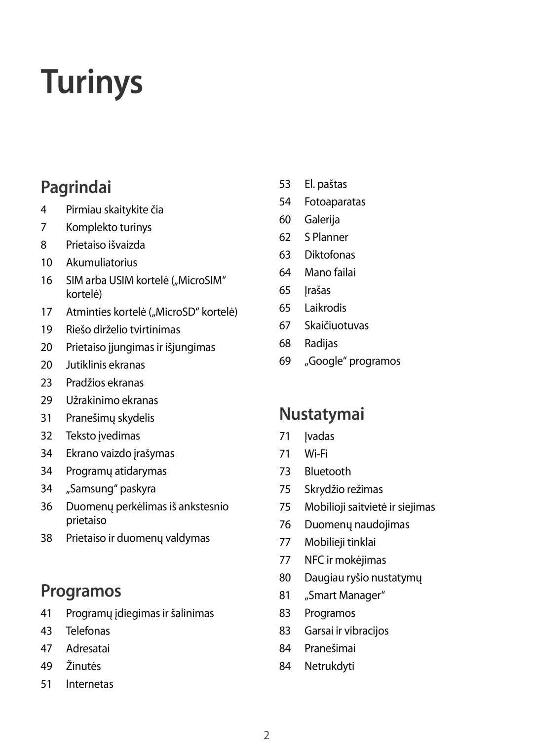 Samsung SM-G389FDSASEB manual Turinys 