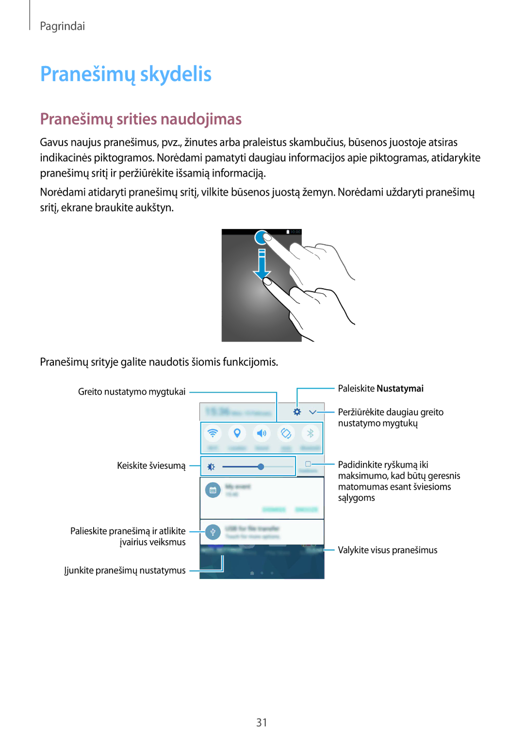 Samsung SM-G389FDSASEB manual Pranešimų skydelis, Pranešimų srities naudojimas 