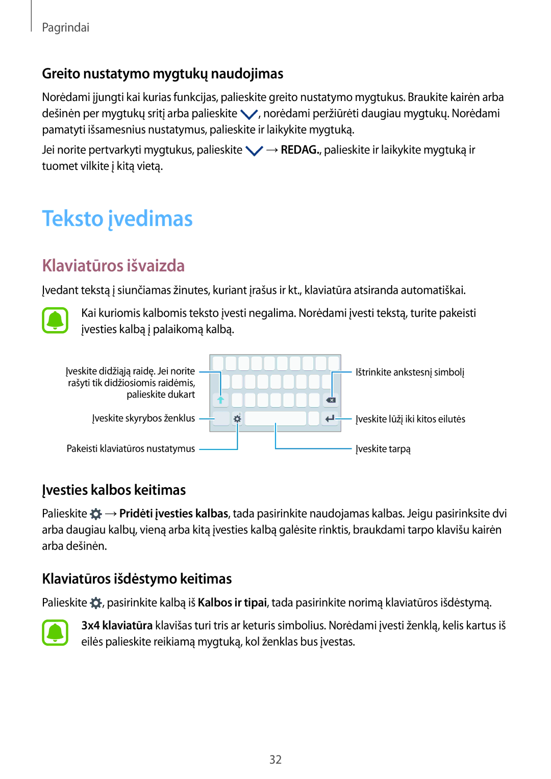 Samsung SM-G389FDSASEB manual Teksto įvedimas, Klaviatūros išvaizda, Greito nustatymo mygtukų naudojimas 