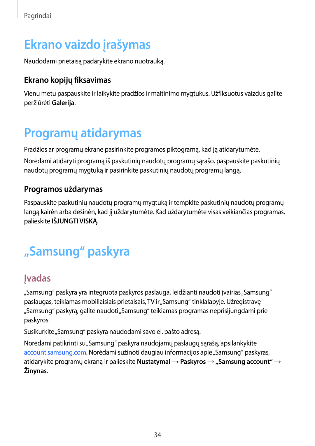 Samsung SM-G389FDSASEB manual Ekrano vaizdo įrašymas, Programų atidarymas, „Samsung paskyra, Įvadas 