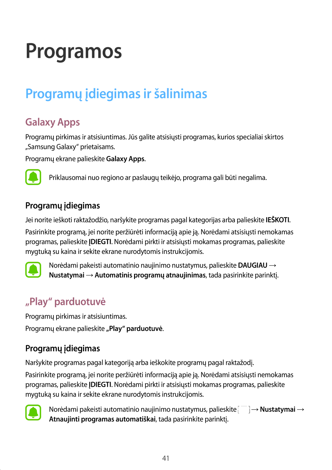 Samsung SM-G389FDSASEB manual Programų įdiegimas ir šalinimas, Galaxy Apps, „Play parduotuvė 