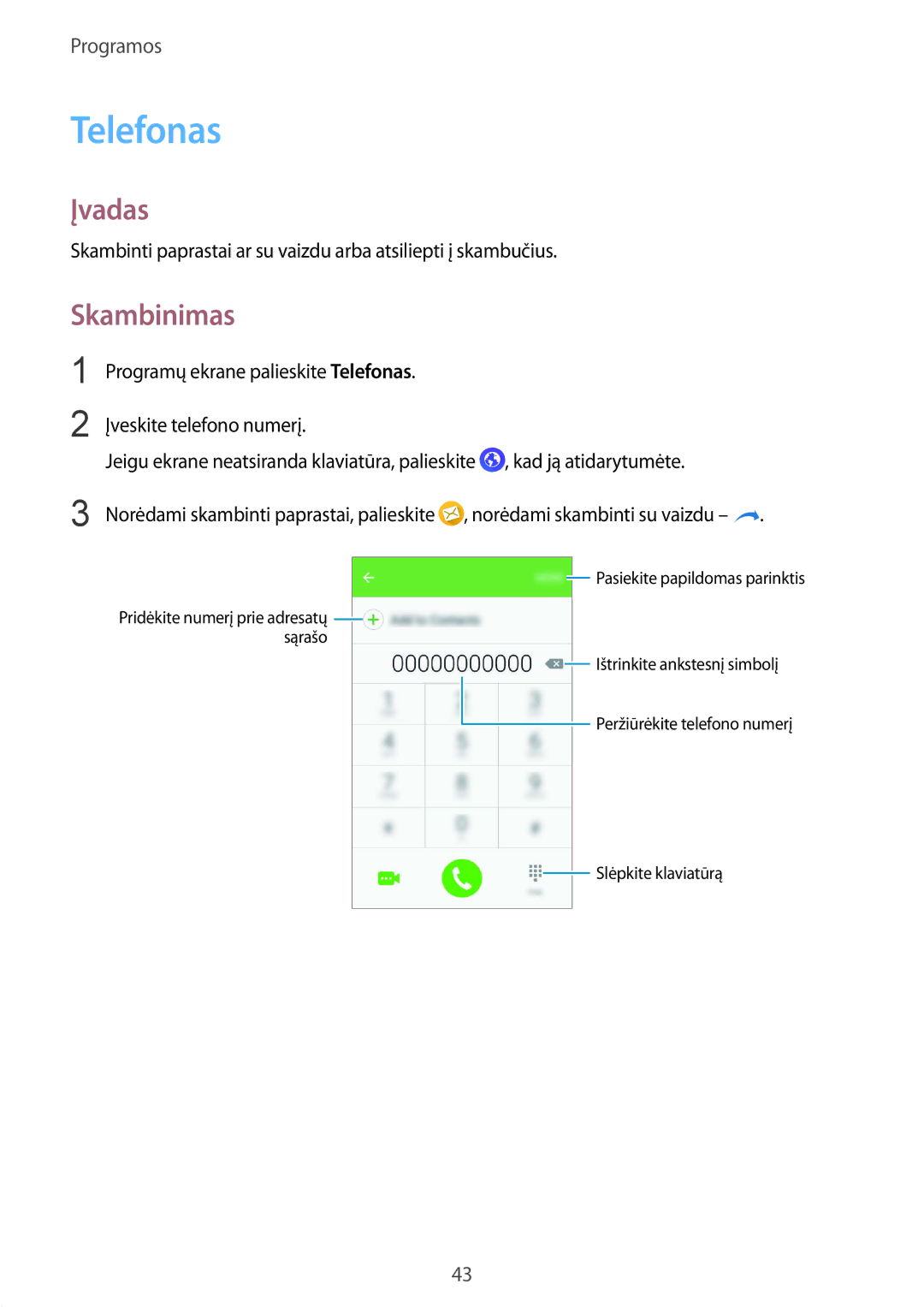 Samsung SM-G389FDSASEB manual Telefonas, Skambinimas 