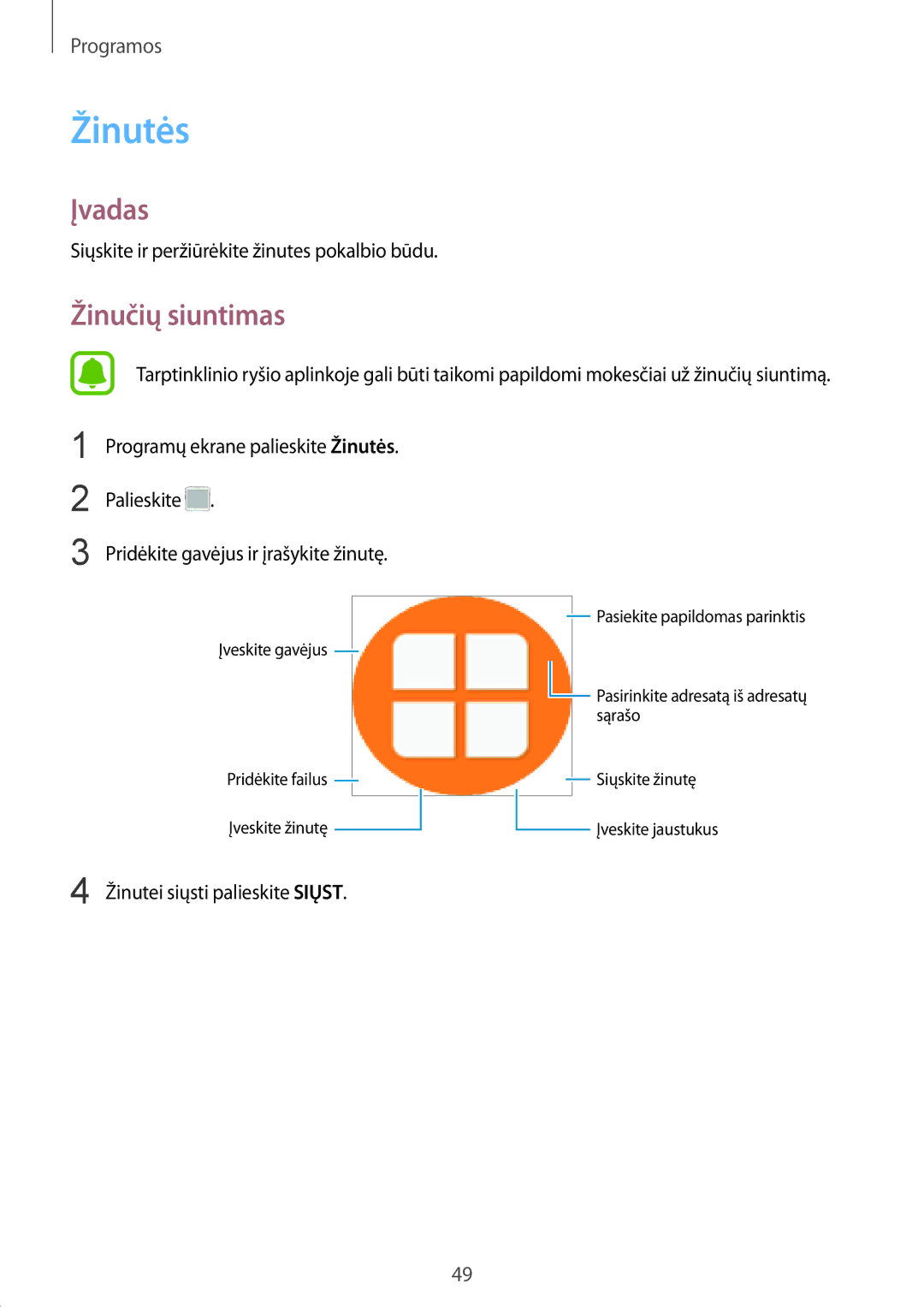 Samsung SM-G389FDSASEB manual Žinutės, Žinučių siuntimas 