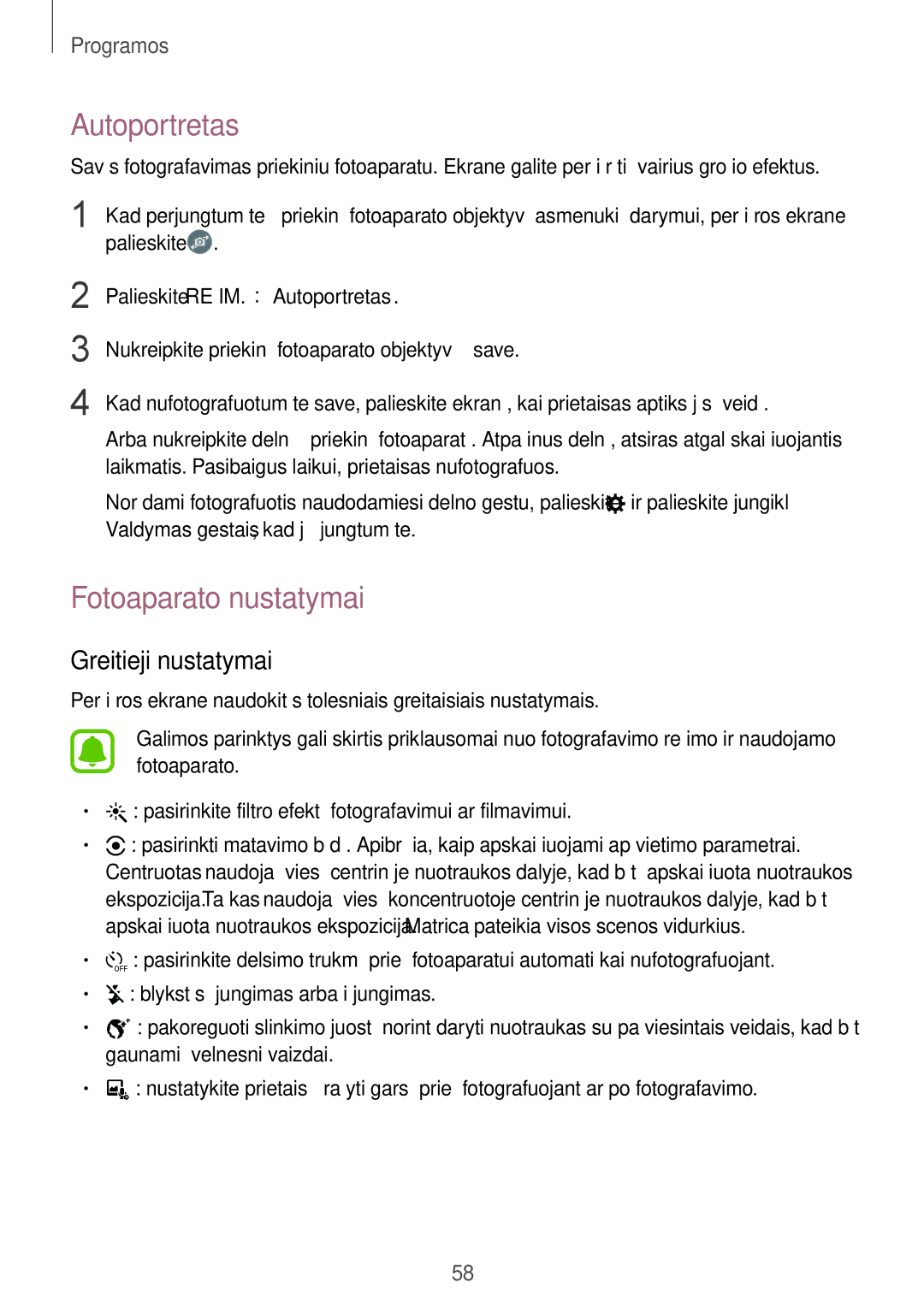 Samsung SM-G389FDSASEB manual Autoportretas, Fotoaparato nustatymai, Greitieji nustatymai 