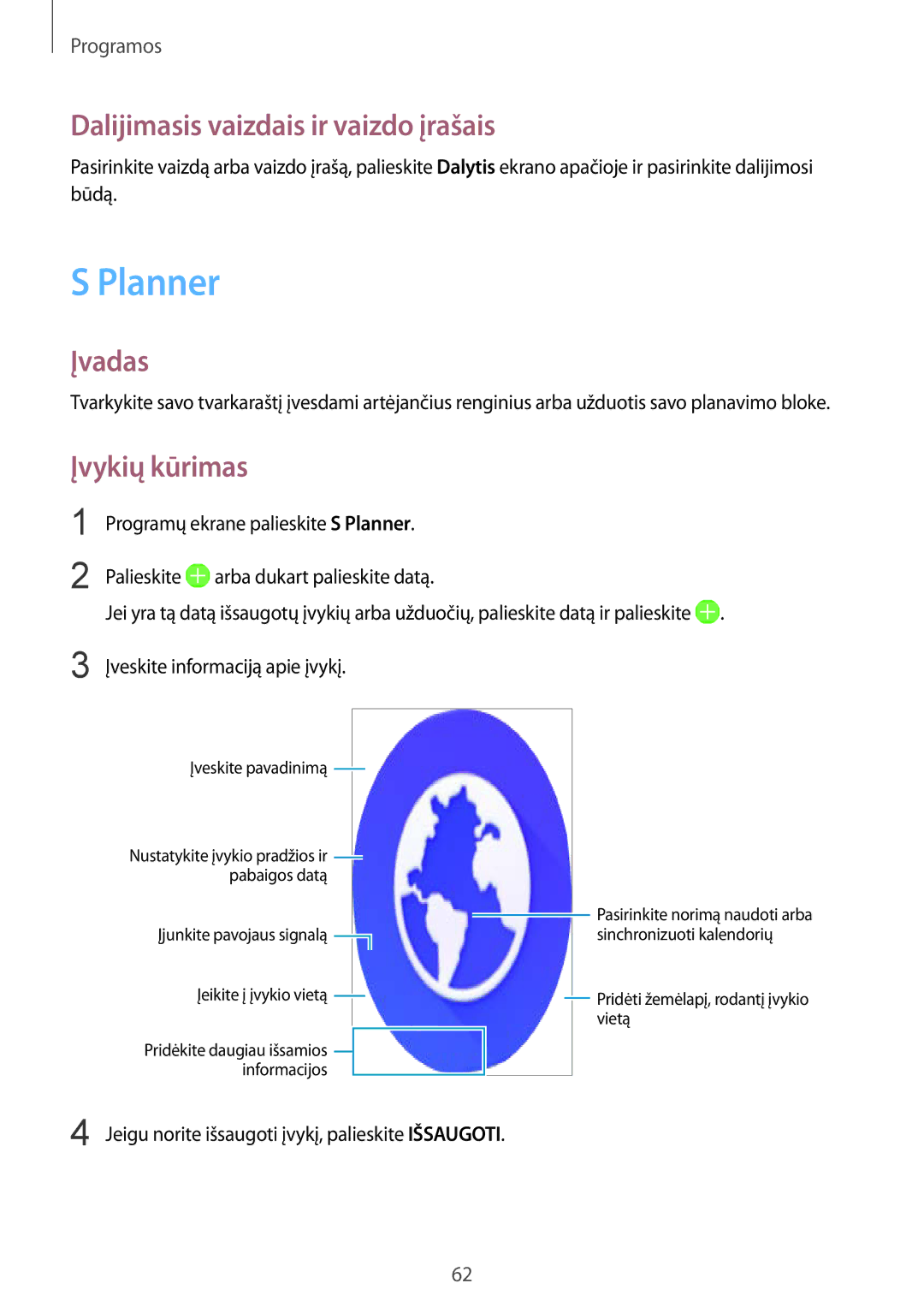 Samsung SM-G389FDSASEB manual Planner, Dalijimasis vaizdais ir vaizdo įrašais, Įvykių kūrimas 