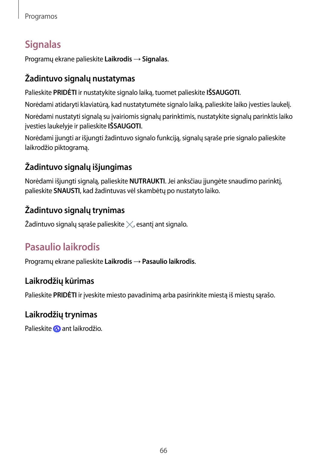 Samsung SM-G389FDSASEB manual Signalas, Pasaulio laikrodis 