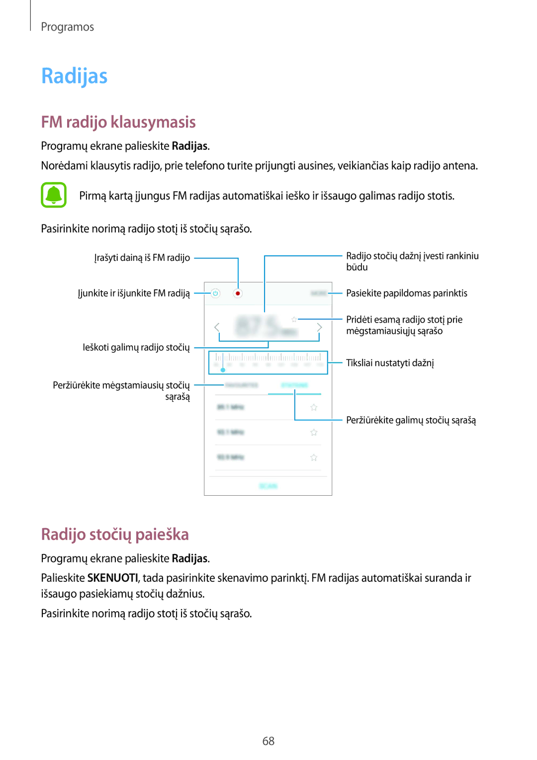 Samsung SM-G389FDSASEB manual Radijas, FM radijo klausymasis, Radijo stočių paieška 