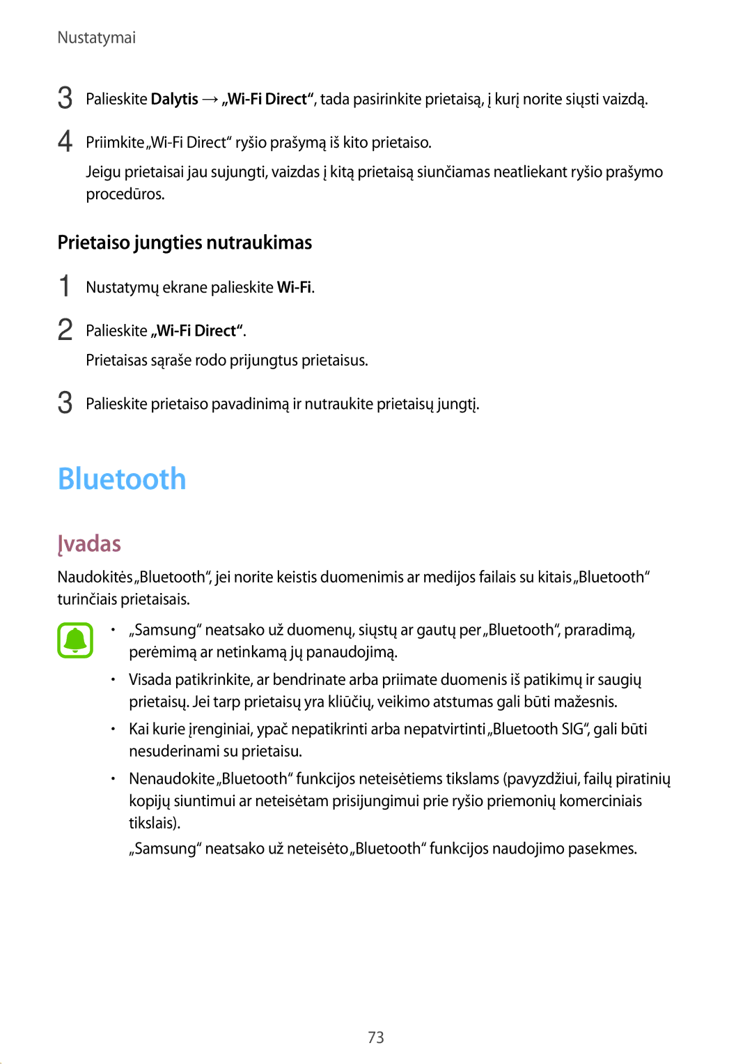 Samsung SM-G389FDSASEB manual Bluetooth, Prietaiso jungties nutraukimas 