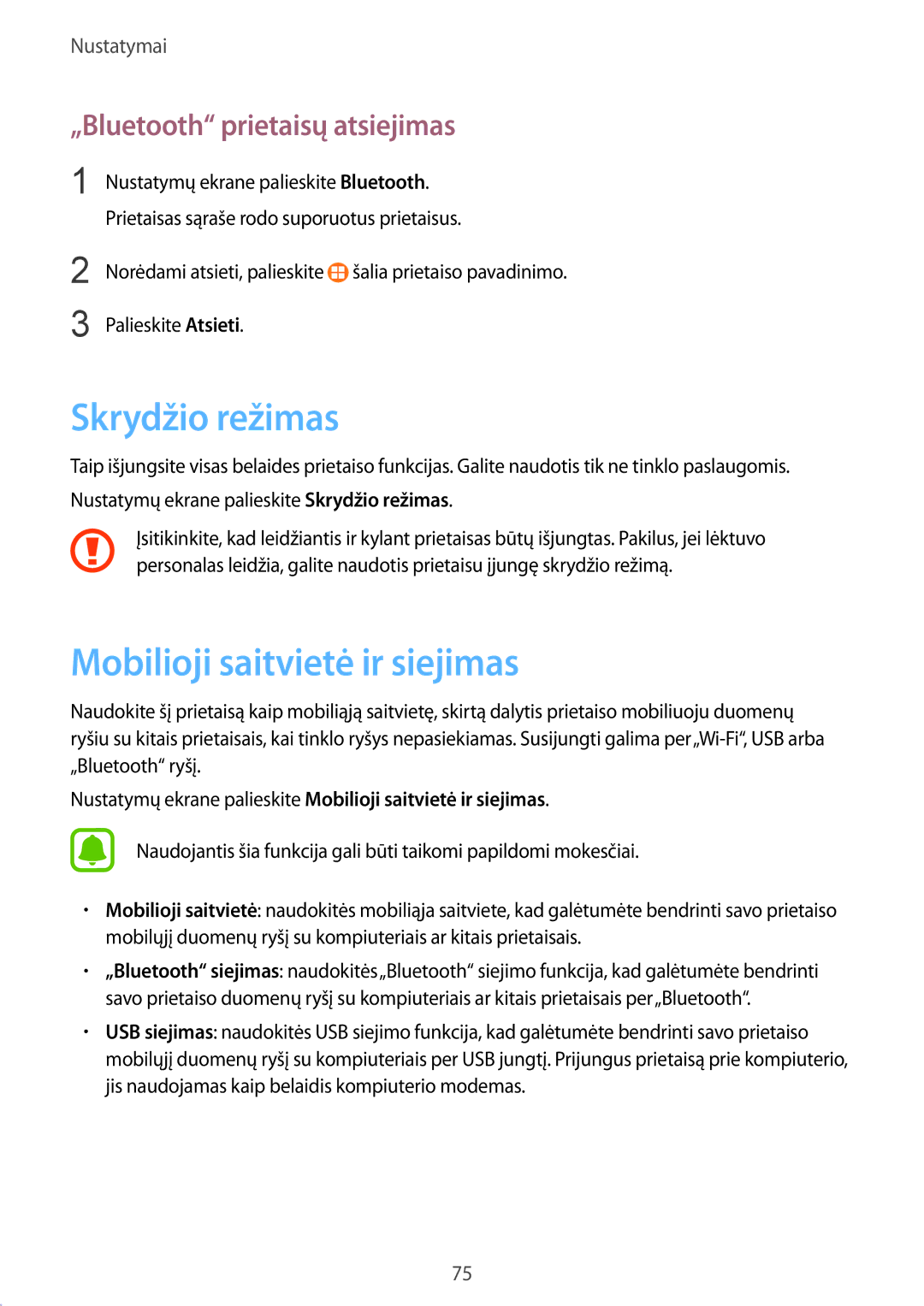 Samsung SM-G389FDSASEB manual Skrydžio režimas, Mobilioji saitvietė ir siejimas, „Bluetooth prietaisų atsiejimas 