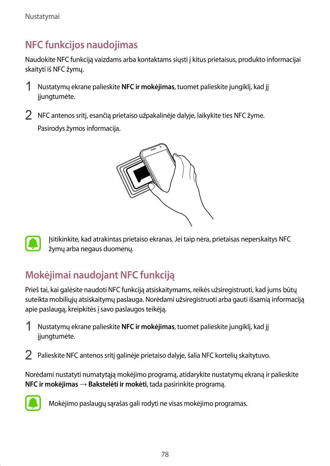 Samsung SM-G389FDSASEB manual NFC funkcijos naudojimas, Mokėjimai naudojant NFC funkciją 