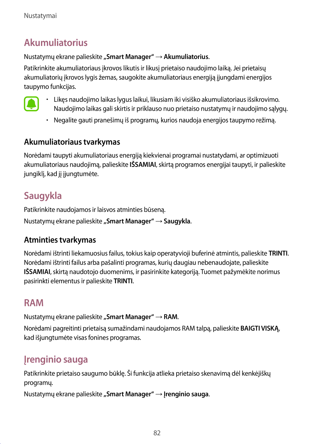 Samsung SM-G389FDSASEB manual Akumuliatorius, Saugykla, Įrenginio sauga, Akumuliatoriaus tvarkymas, Atminties tvarkymas 