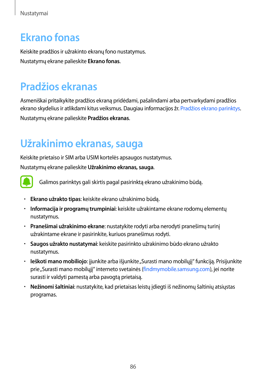 Samsung SM-G389FDSASEB manual Ekrano fonas, Užrakinimo ekranas, sauga 