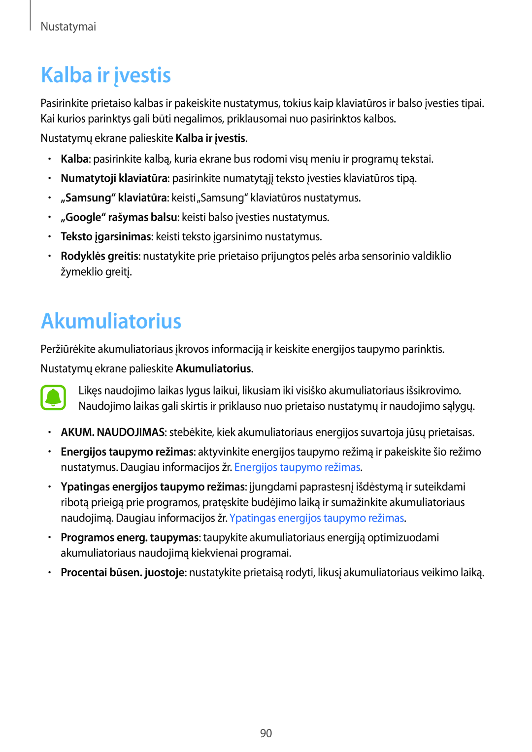 Samsung SM-G389FDSASEB manual Kalba ir įvestis, Akumuliatorius 