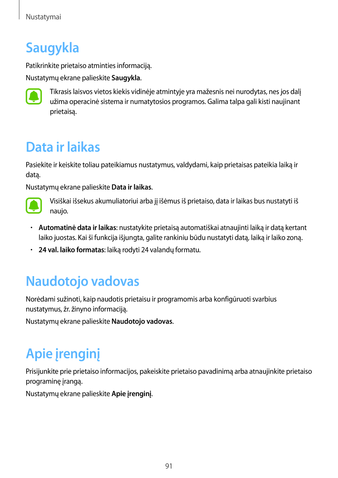 Samsung SM-G389FDSASEB manual Saugykla, Data ir laikas, Naudotojo vadovas, Apie įrenginį 