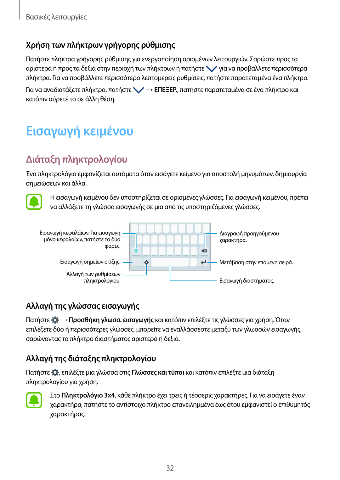 Samsung SM-G389FDSACOS, SM-G389FDSAVGR manual Εισαγωγή κειμένου, Διάταξη πληκτρολογίου, Χρήση των πλήκτρων γρήγορης ρύθμισης 