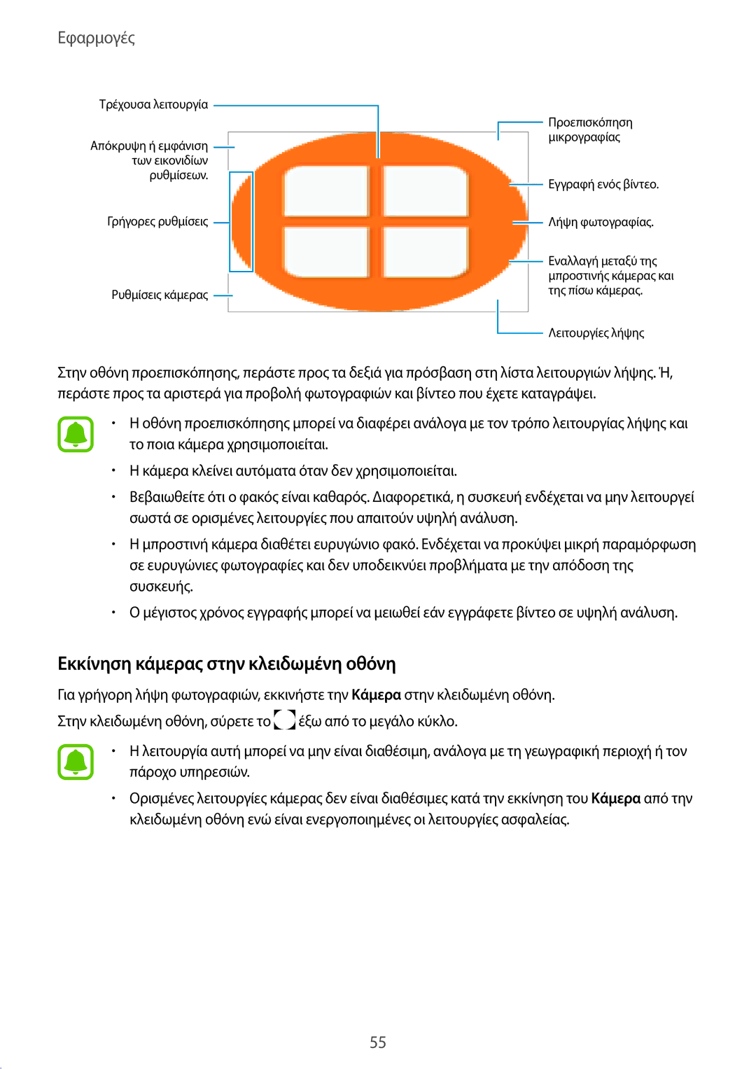 Samsung SM-G389FDSAEUR, SM-G389FDSAVGR, SM-G389FDSACOS manual Εκκίνηση κάμερας στην κλειδωμένη οθόνη 