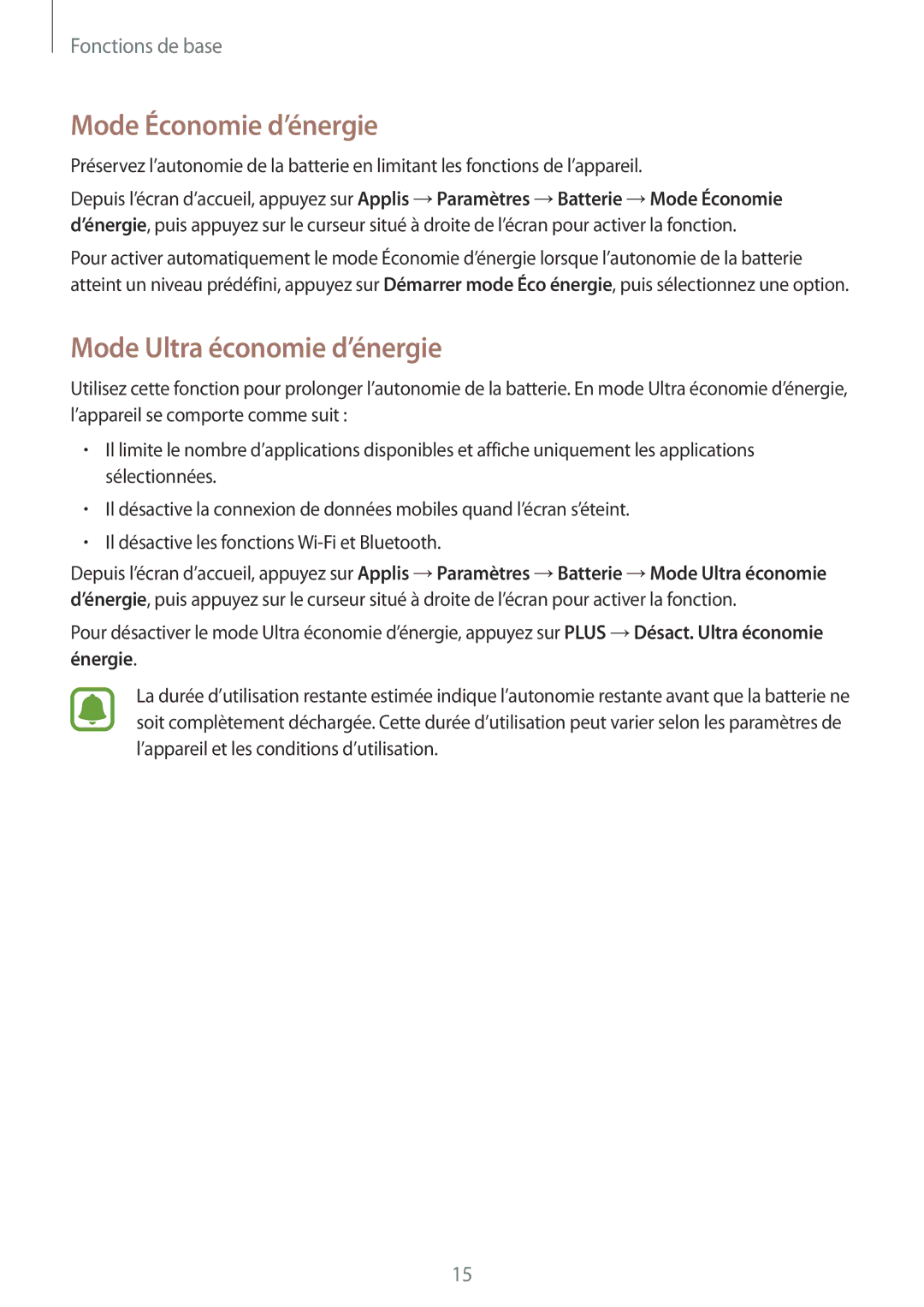 Samsung SM-G389FDSAXEF manual Mode Économie d’énergie, Mode Ultra économie d’énergie 