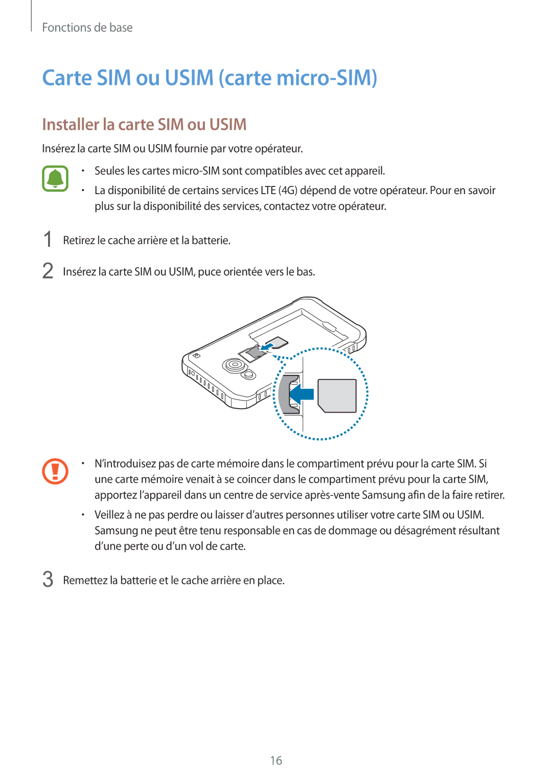 Samsung SM-G389FDSAXEF manual Carte SIM ou Usim carte micro-SIM, Installer la carte SIM ou Usim 