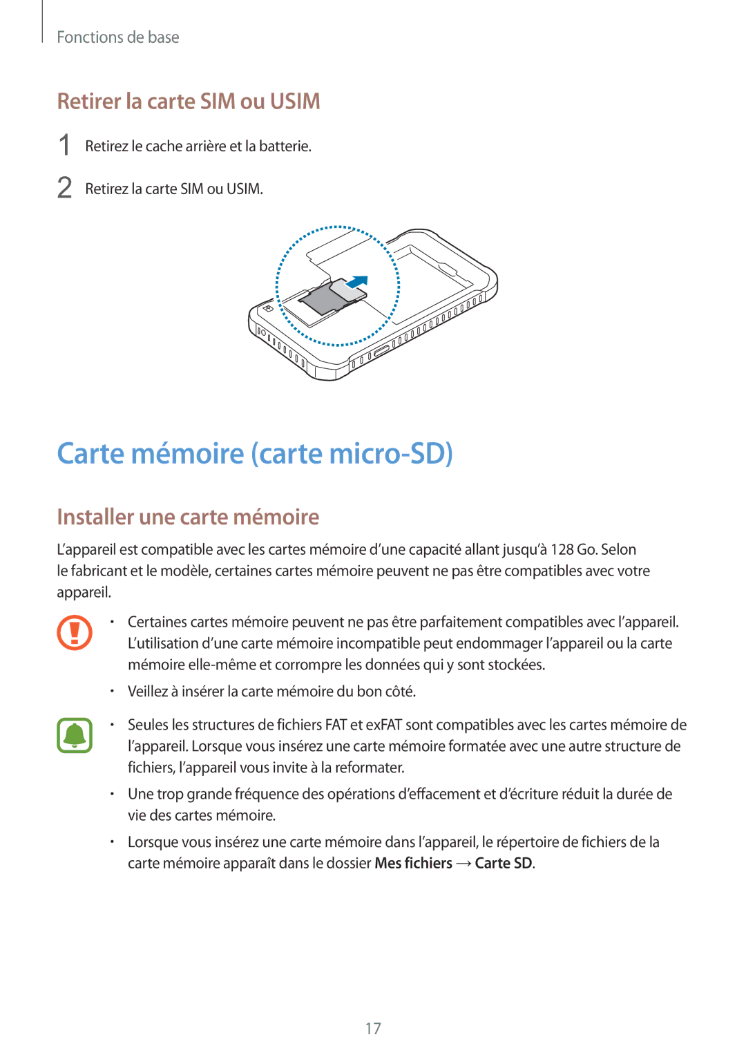 Samsung SM-G389FDSAXEF manual Carte mémoire carte micro-SD, Retirer la carte SIM ou Usim, Installer une carte mémoire 