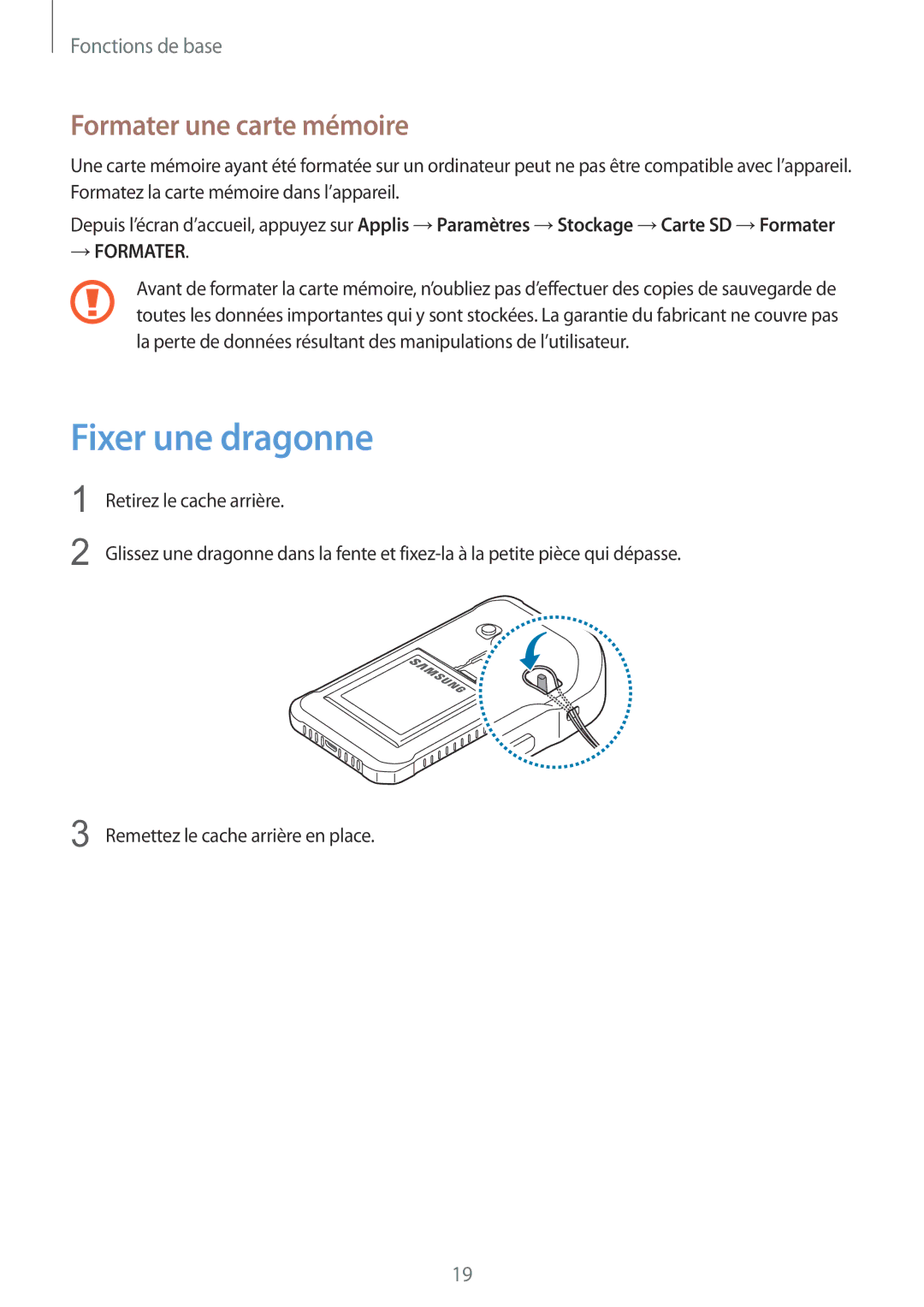 Samsung SM-G389FDSAXEF manual Fixer une dragonne, Formater une carte mémoire 