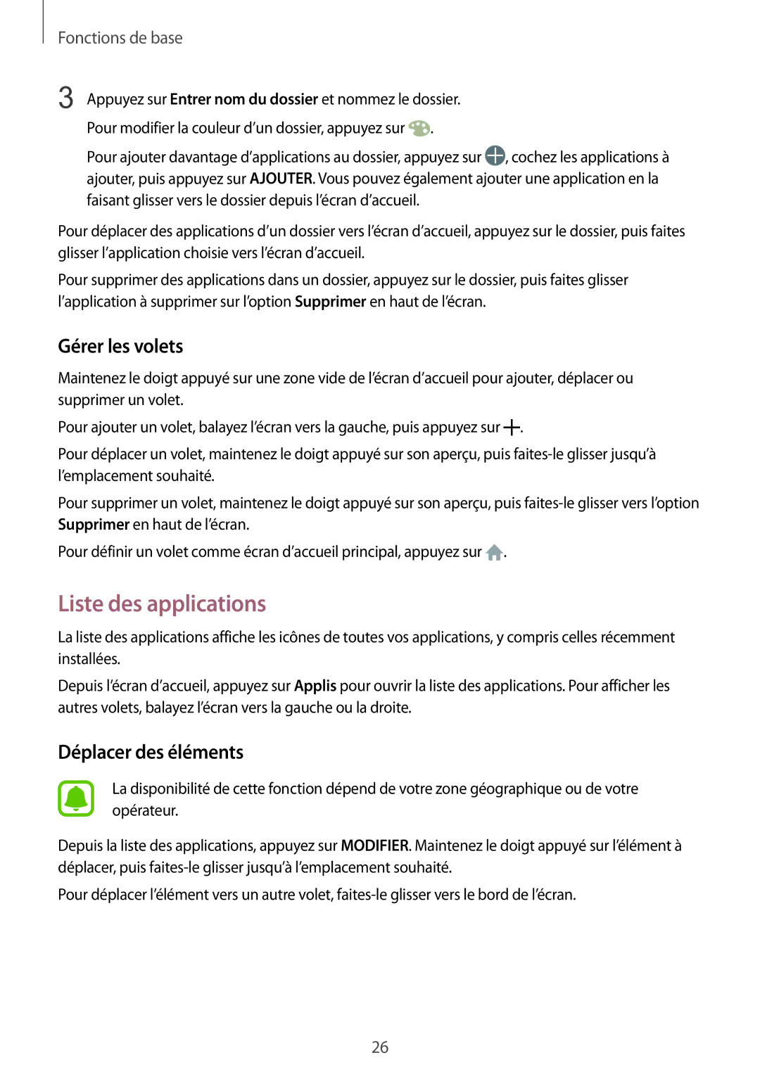 Samsung SM-G389FDSAXEF manual Liste des applications, Gérer les volets 